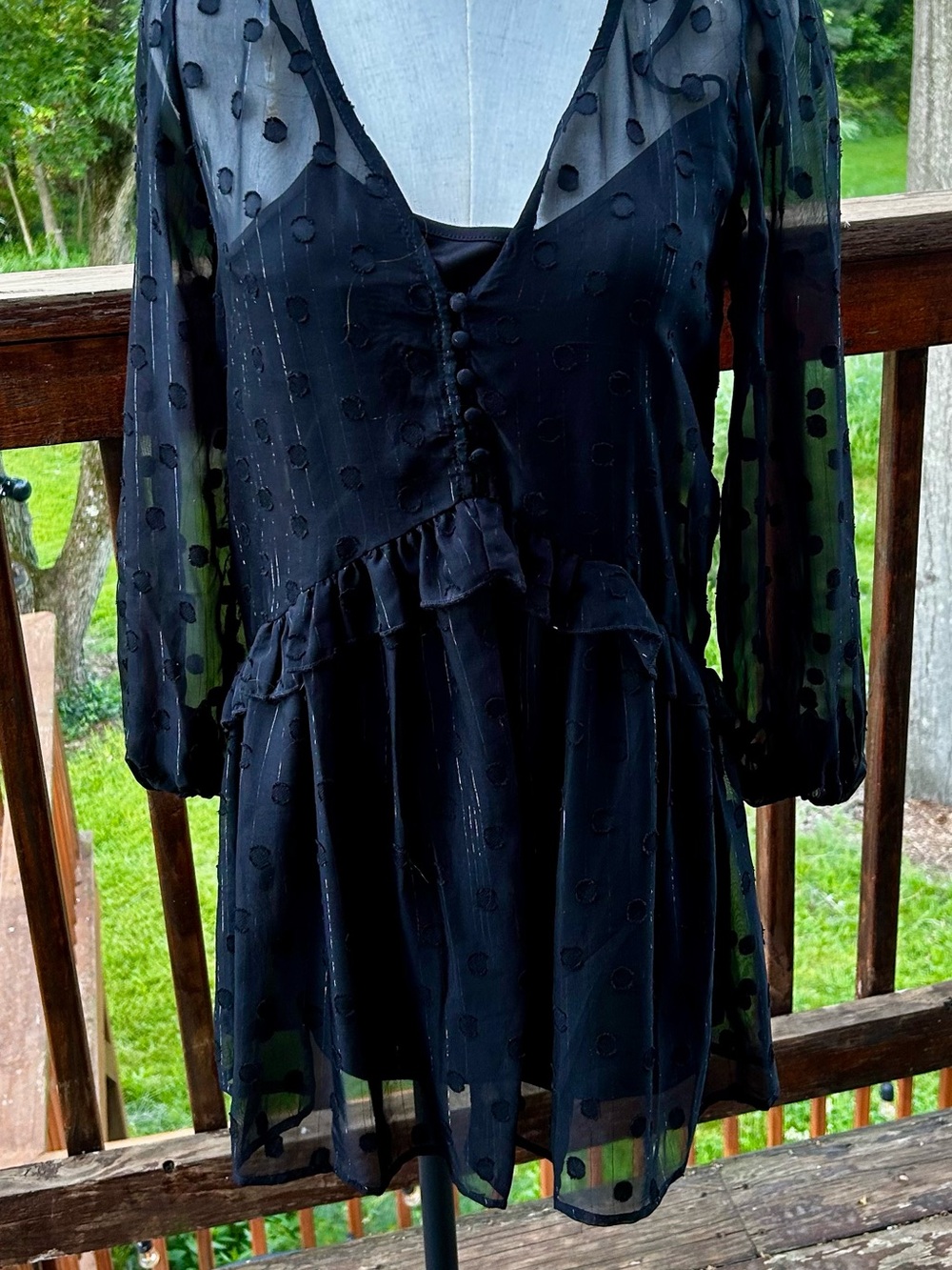 Allison & Kelly Black Polka Dot Sheer Lined V-Neck Balloon Sleeve Dress Sz S NWT